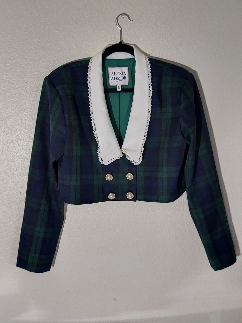 ALEXIA ADMOR Aurelia Drop Lace Collar Cropped Plaid Jacket Women's Size 12 NWOT
